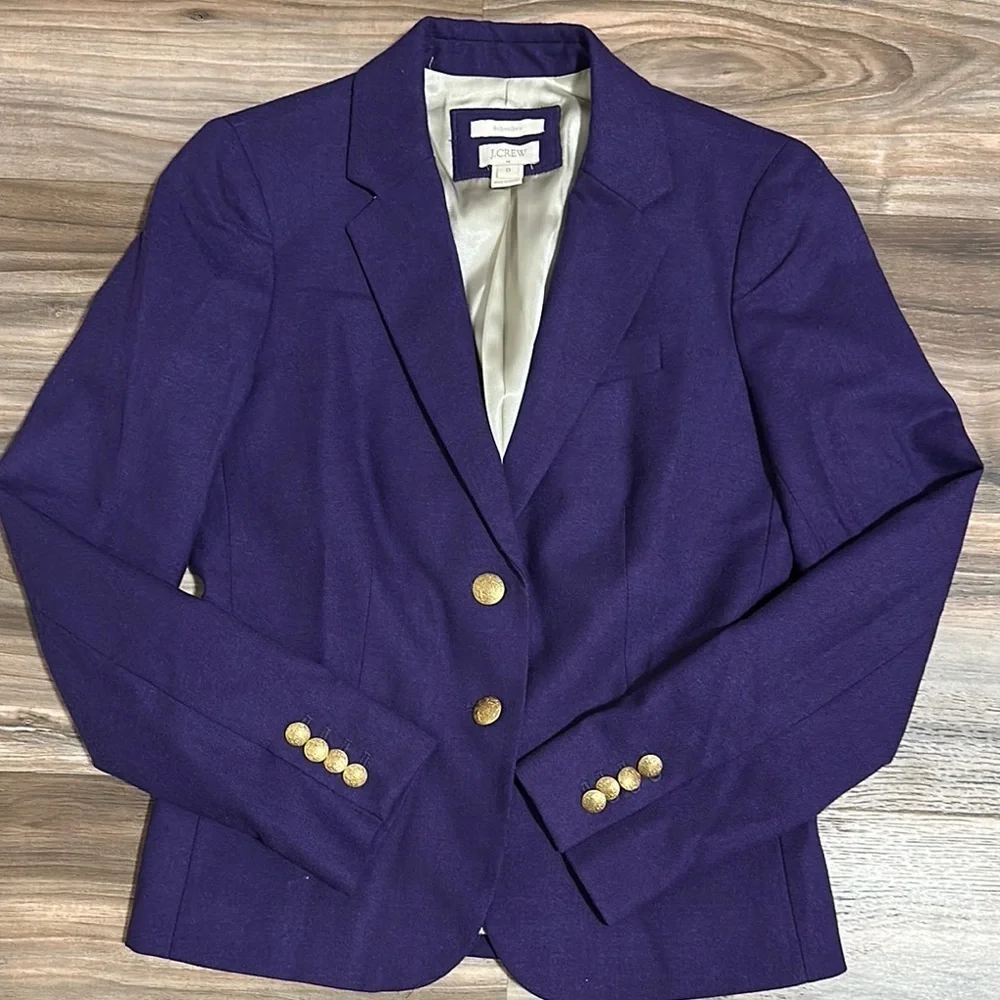 J Crew Womens Schoolboy Blazer Size  0 Purple Gold Crested Buttons Wool Blend